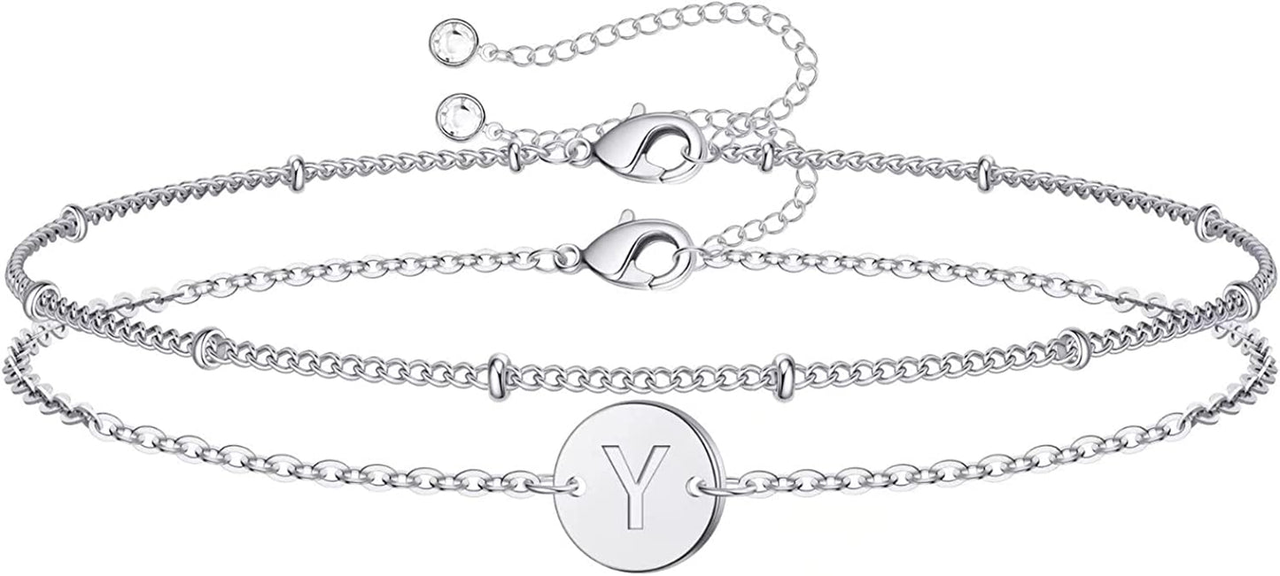 Silver Initial Bracelets for Women Teen Girls, 14K White Gold Filled Layered Letter Initial Bracelet Dainty Disc Initial Charm Bracelets Silver Bracelets for Women Girls Jewelry Gifts for Girls Apparel & Accessories > Jewelry > Bracelets MONOZO Y  