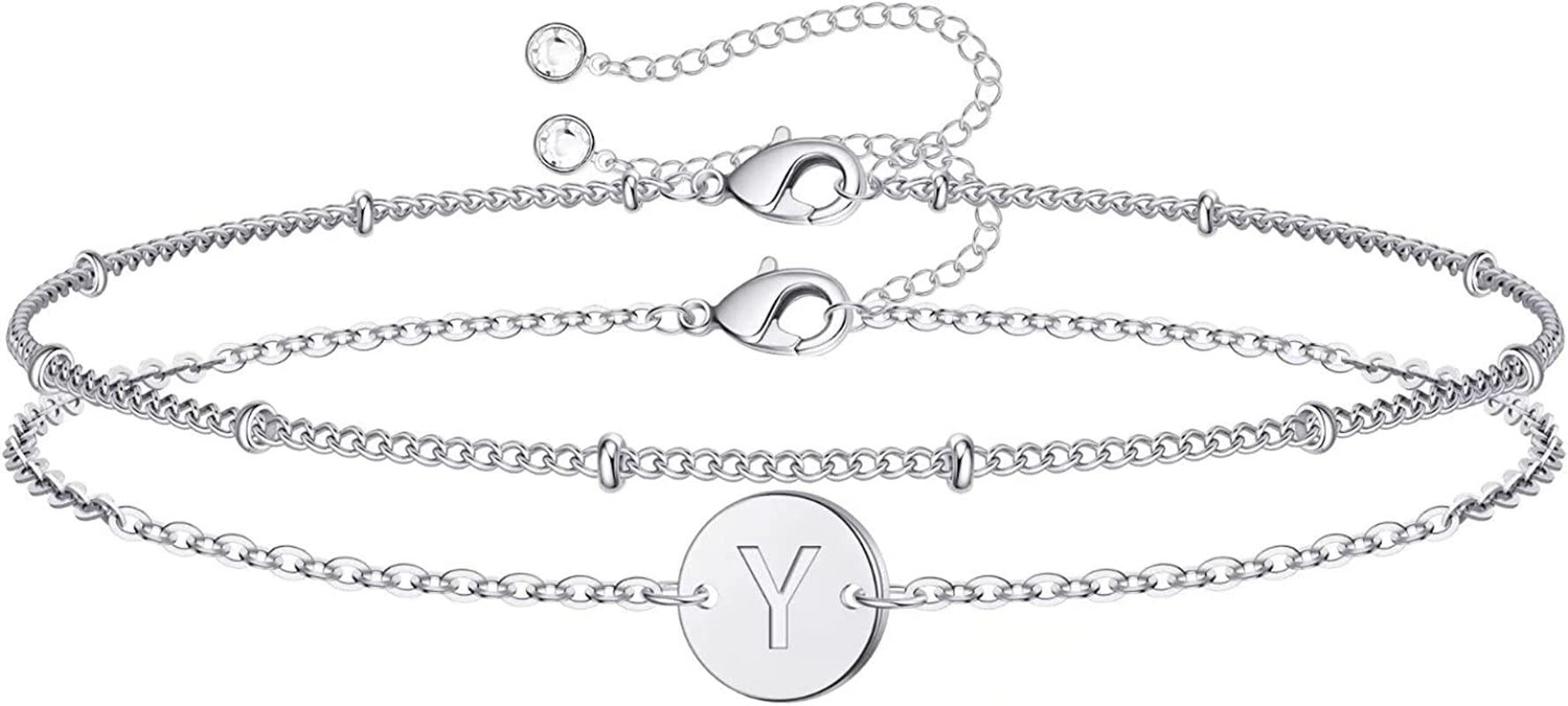Silver Initial Bracelets for Women Teen Girls, 14K White Gold Filled Layered Letter Initial Bracelet Dainty Disc Initial Charm Bracelets Silver Bracelets for Women Girls Jewelry Gifts for Girls Apparel & Accessories > Jewelry > Bracelets MONOZO Y  