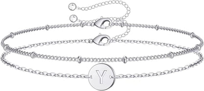 Silver Initial Bracelets for Women Teen Girls, 14K White Gold Filled Layered Letter Initial Bracelet Dainty Disc Initial Charm Bracelets Silver Bracelets for Women Girls Jewelry Gifts for Girls Apparel & Accessories > Jewelry > Bracelets MONOZO Y  
