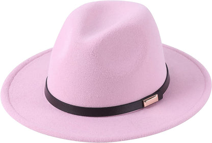 Lanzom Women Lady Retro Wide Brim Floppy Panama Hat Belt Buckle Wool Fedora Hat Apparel & Accessories > Clothing Accessories > Hats Lanzom 01-pink One Size 