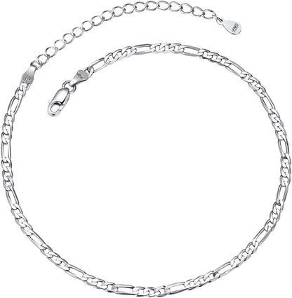 Chainspro Resizable Anklet Chain for Women Men, Figaro/Wheat/Twist Rope/Cuban Foot Bracelet-Strong with Good Clasp-18K Gold Plated(Send Gift Box) Apparel & Accessories > Jewelry > Anklets ChainsPro 05:Silver Figaro-3mm  