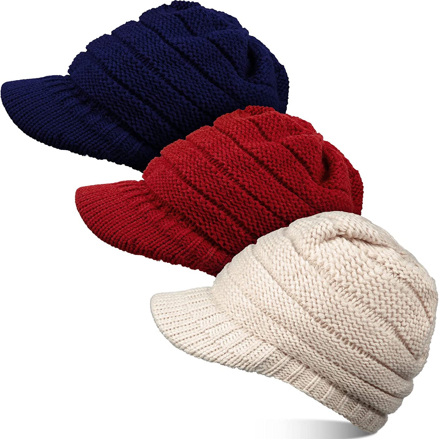 SATINIOR Women Winter Knit Hat Winter Brim Beanie Hats for Women Slouchy Beanie Cap with Visor Warm Newsboy Skull Cap Apparel & Accessories > Clothing Accessories > Hats SATINIOR Navy, Beige, Wine Red 3 