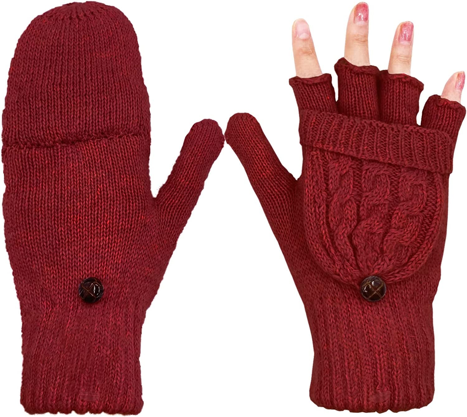 Beurlike Women'S Winter Gloves Warm Wool Knitted Convertible Fingerless Mittens Apparel & Accessories > Clothing Accessories > Gloves & Mittens Beurlike Winered  