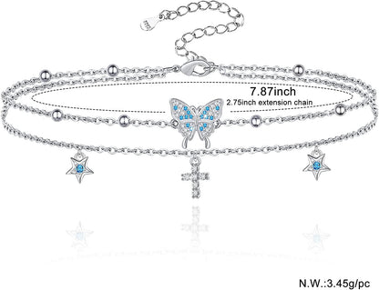 Butterfly Anklet for Women 925 Sterling Silver Layered Anklets Bracelets Adjustable Summer Beach Anklets Jewelry Gifts for Women Girls Wife Grandmother Apparel & Accessories > Jewelry > Anklets Allurelady   