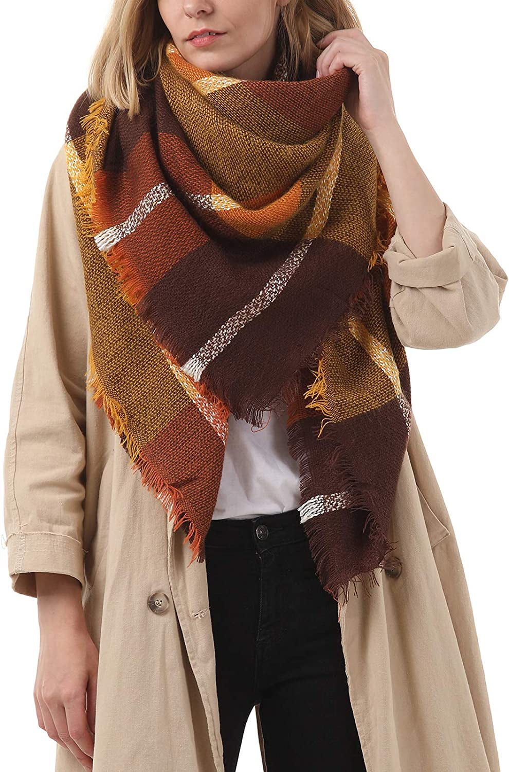 Century Star Women'S Stylish Warm Tassels Soft Plaid Tartan Scarf Winter Large Blanket Wrap Shawl Apparel & Accessories > Clothing Accessories > Scarves & Shawls Century Star Brown One Size 