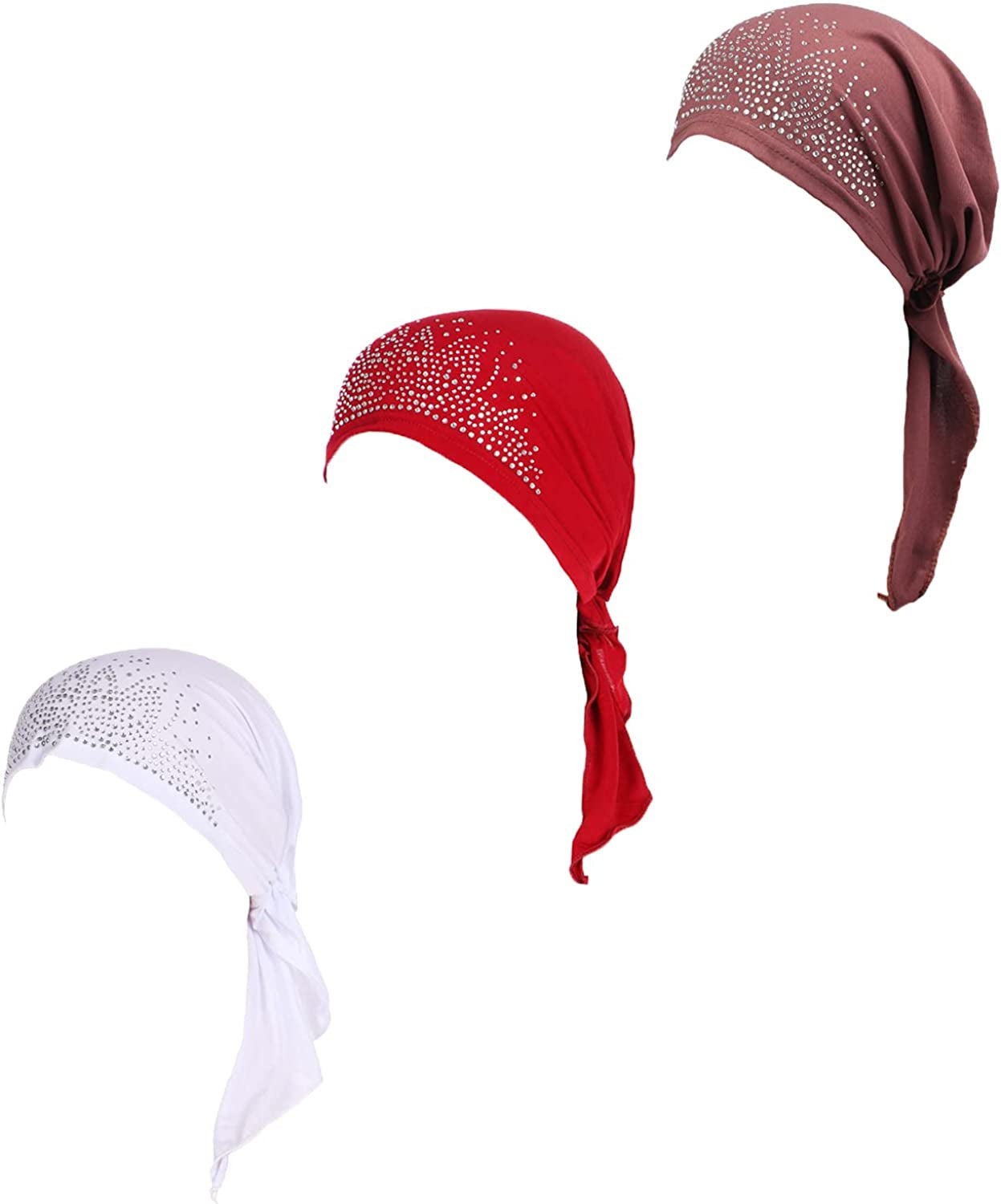 Pre Tied Chemo Head Scarf 3 Packed Beanie Skull Cover Cap for Women (Set6-Long Style) Apparel & Accessories > Clothing Accessories > Bandanas & Headties Qovelly C3-middle Straps-3 Packed  