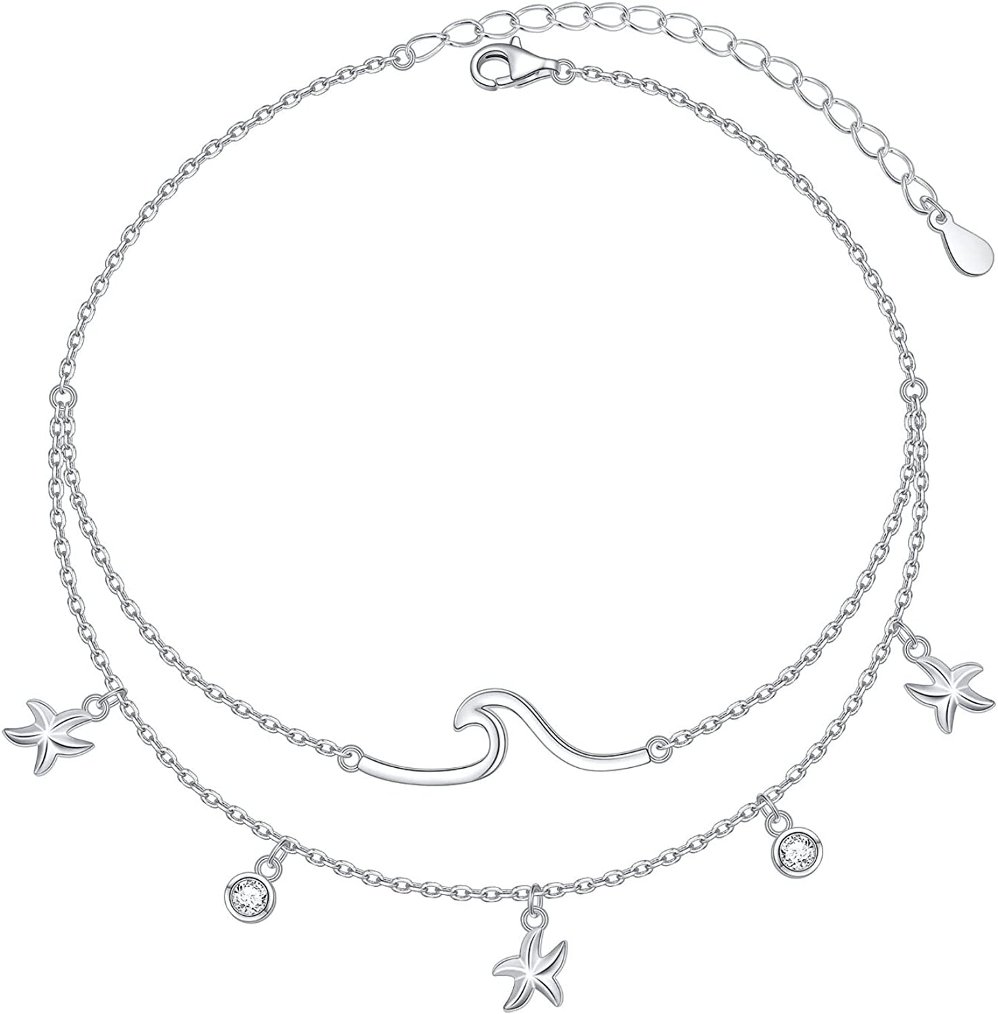 Wave Ocean Beach Sea Anklet for Women S925 Sterling Silver Adjustable Starfish Layered Ankle Foot Bracelet Apparel & Accessories > Jewelry > Anklets Alphm Wave Starfish 9+1 inches  