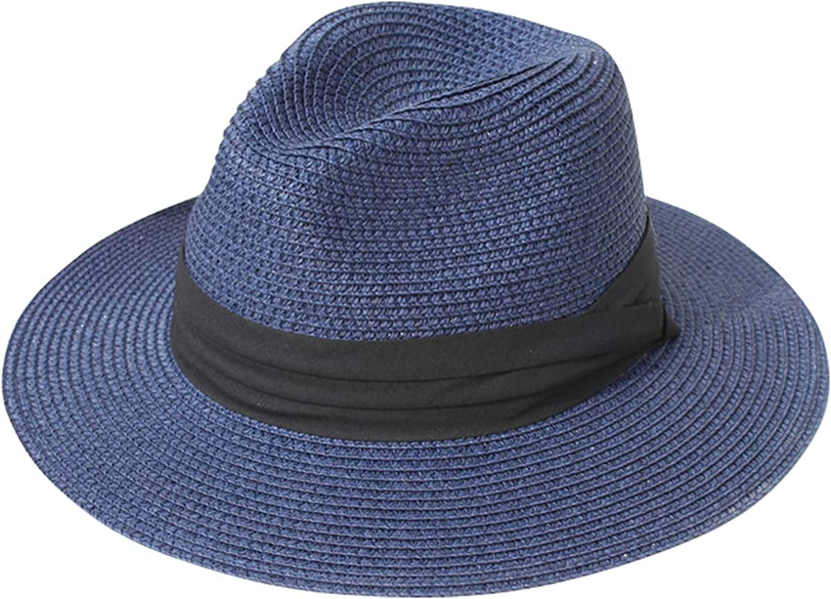 Lanzom Women Wide Brim Straw Panama Roll up Hat Belt Buckle Fedora Beach Sun Hat UPF50+ Apparel & Accessories > Clothing Accessories > Hats Lanzom Blue One Size 