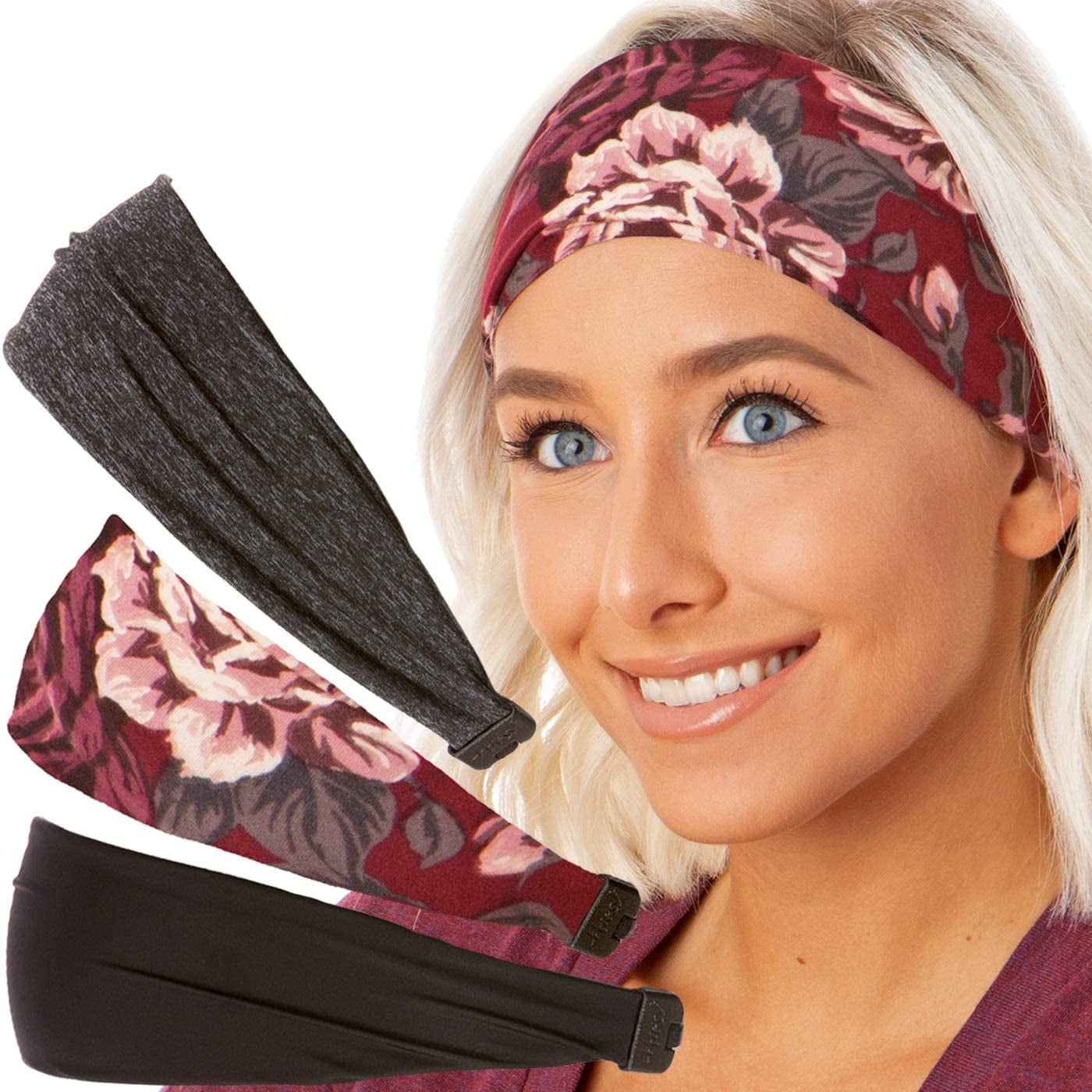Hipsy Adjustable & Stretchy Printed Xflex Wide Headbands for Women Girls & Teens Apparel & Accessories > Clothing Accessories > Bandanas & Headties Hipsy Black/Burgundy/Charcoal Xflex 3pk  