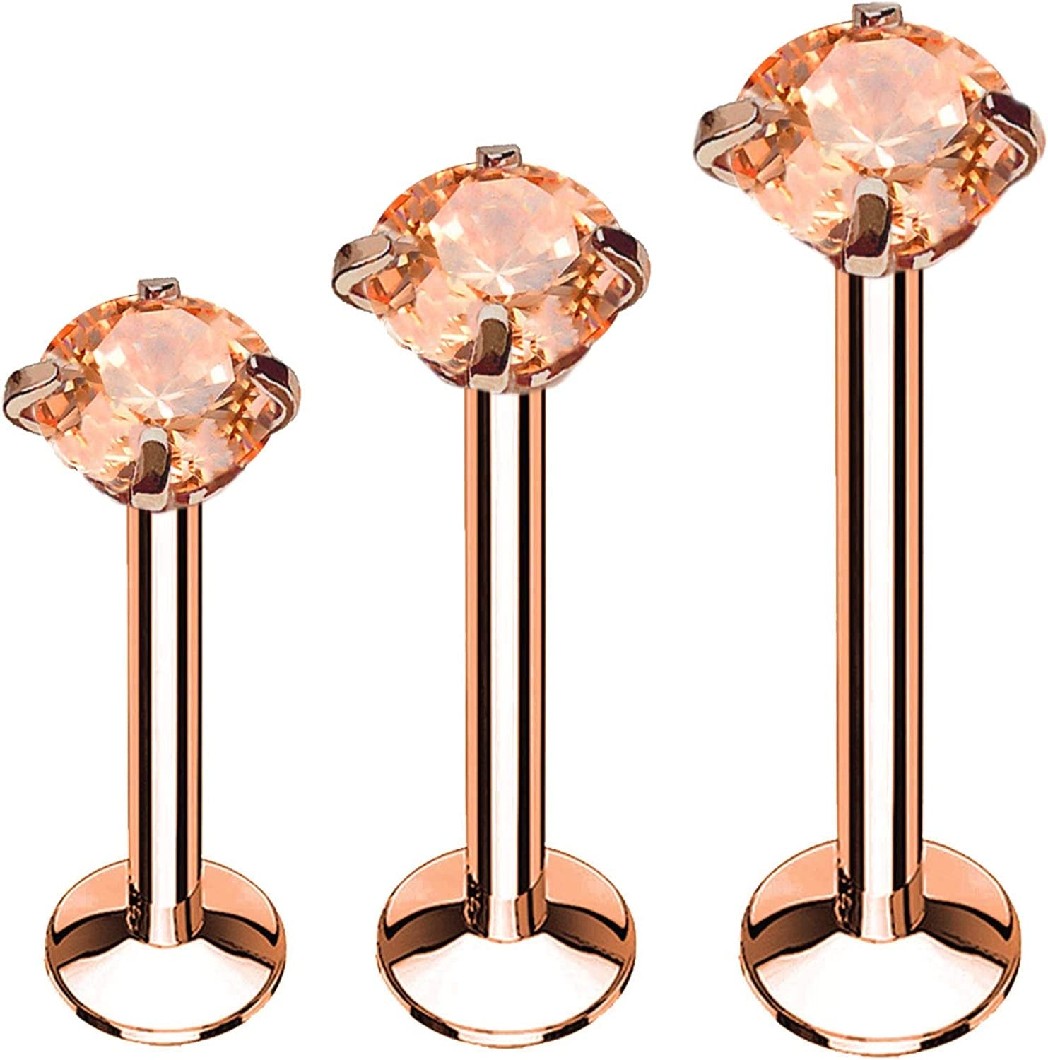 Bodyj4You 3PC Labret Tragus Stud Earrings | 16G Surgical Stainless Steel CZ Crystal | Monroe Helix Cartialge Conch Medusa Lip | Body Piercing Jewelry Set Apparel & Accessories > Jewelry > Body Jewelry BodyJ4You Rose Goldtone, Pink CZ  