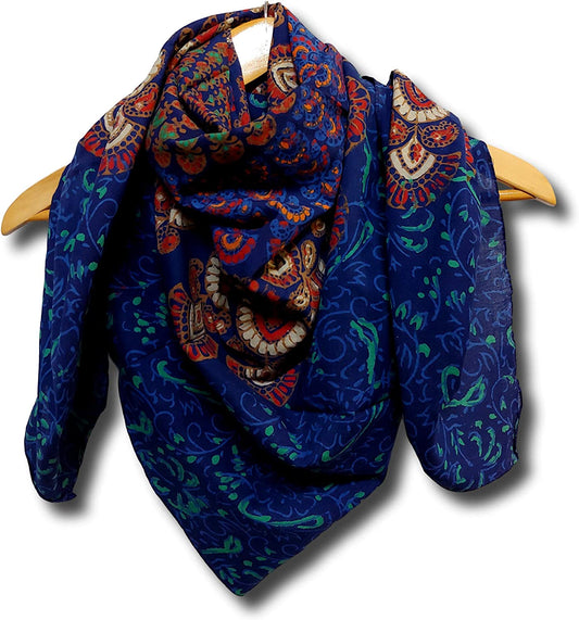 Large Cotton Scarfs for Women Lightweight Soft Sheer Neck Scarf, Head Scarf, Block Print Sanganer Summer Floral Scarf, Bandanas for Women, Handmade Blue Fashion Scarf Square Shawl Stole Wrap 42X42 Apparel & Accessories > Clothing Accessories > Scarves & Shawls Homestead   