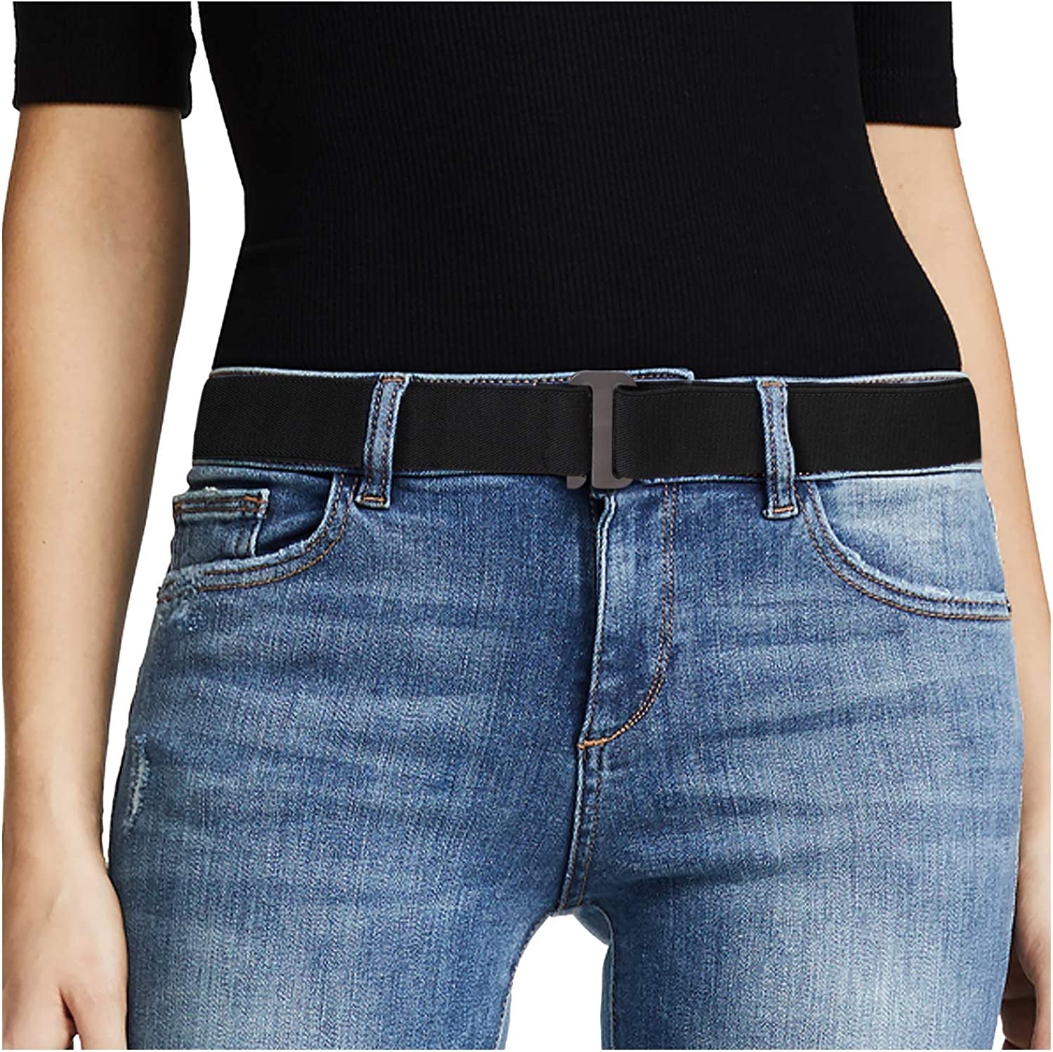 JASGOOD Women No Show Stretch Belt Invisible Elastic Web Strap Belt with Flat Buckle for Jeans Pants Dresses Apparel & Accessories > Clothing Accessories > Belts KYLIE MAX A-black-guncolor Buckle Suit for US Size 16+ 