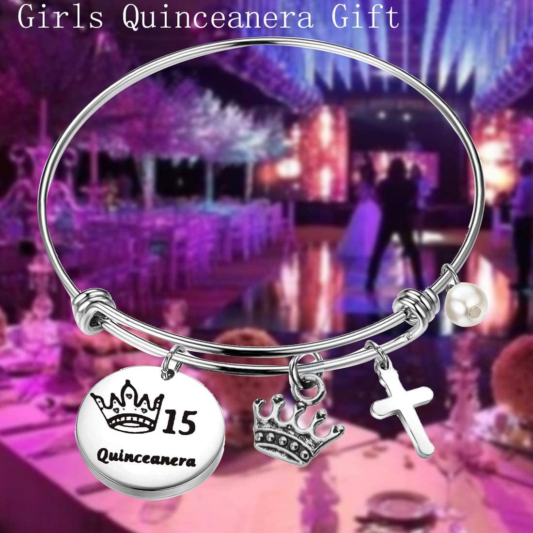 FEELMEM Quinceanera Gift 15Th Birthday Bracelet Girls Sweet 15Th Quinceanera Expandable Wire Bangle Quince Jewelry Happy 15Th Birthday Gift for Girls (Silver) Apparel & Accessories > Jewelry > Bracelets FEELMEM   