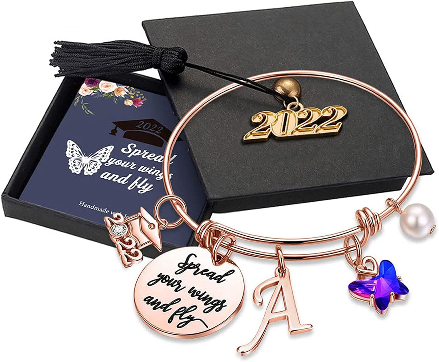 Graduation Gifts for Her 2022 Butterfly Bracelet,Inspirational Bangle with 2022 Graduation Grad Cap Mantra Quote Spread Your Wings and Fly Graduation Bracelet College Graduation Gifts for Her 2022 Apparel & Accessories > Jewelry > Bracelets Turandoss A - Rose Gold  