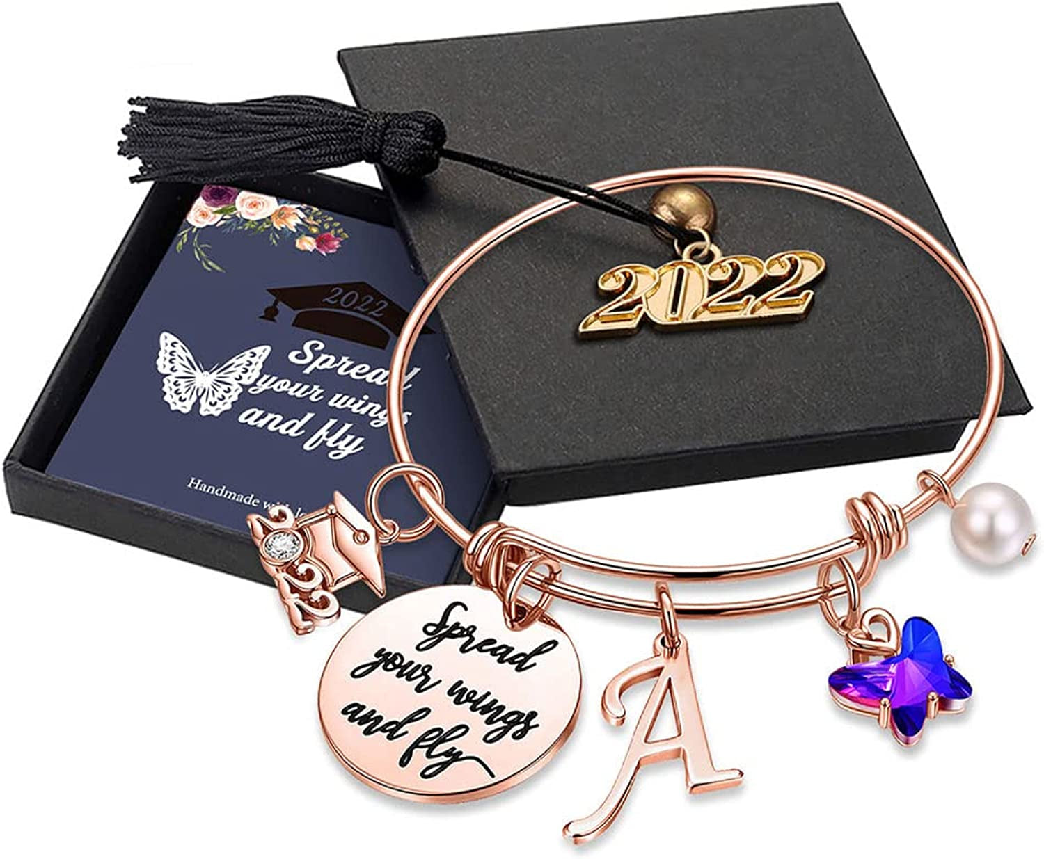 Graduation Gifts for Her 2022 Butterfly Bracelet,Inspirational Bangle with 2022 Graduation Grad Cap Mantra Quote Spread Your Wings and Fly Graduation Bracelet College Graduation Gifts for Her 2022 Apparel & Accessories > Jewelry > Bracelets Turandoss A - Rose Gold  