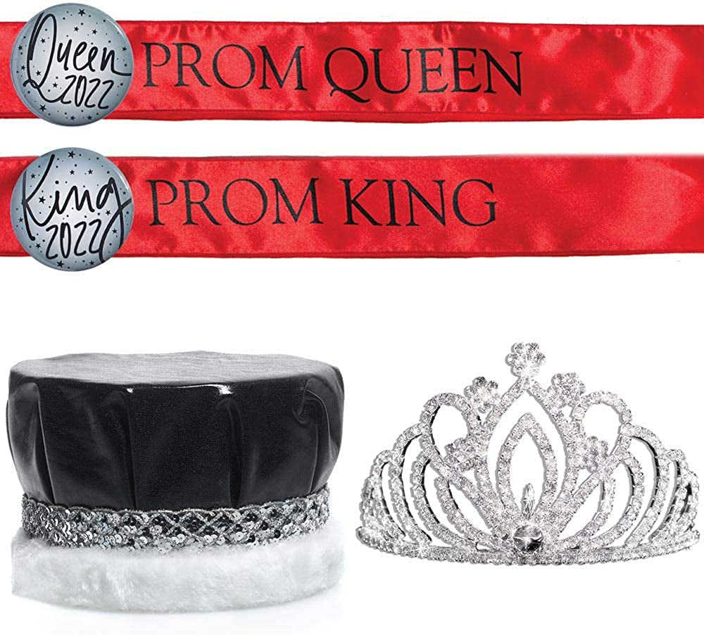 Prom Royalty Set - Rhinestone Tiara, Crown, Sashes, Buttons Apparel & Accessories > Clothing Accessories > Sashes Anderson's Zahara Tiara/Black Crown/Red Sashes/Silver Buttons  