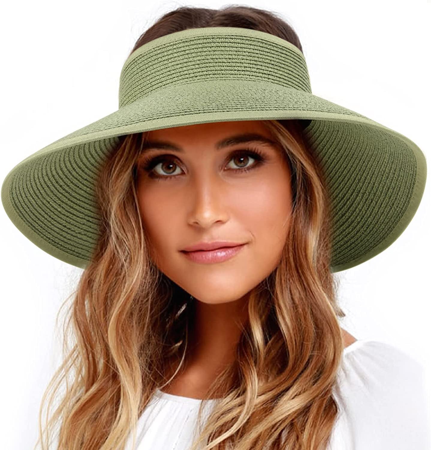 FURTALK Sun Visor Hats for Women Wide Brim Straw Roll up Ponytail Summer Beach Hat UV UPF Packable Foldable Travel Apparel & Accessories > Clothing Accessories > Hats KYLIE MAX Army Green Medium 