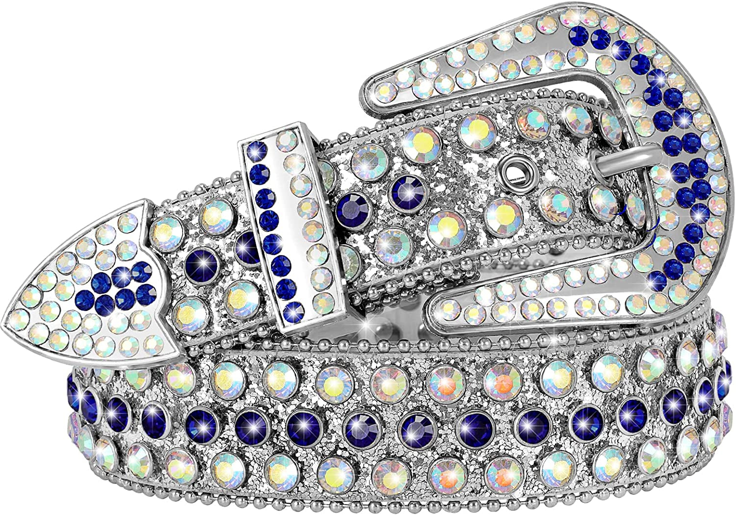 Men Women Fashion Rhinestone Belt SUOSDEY Western Cowgirl Bling Studded Design Leather Diamond Belt for Jeans Dress Apparel & Accessories > Clothing Accessories > Belts SUOSDEY 04-silver Blue S：fits waist size 28''-32'' 