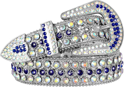 Men Women Fashion Rhinestone Belt SUOSDEY Western Cowgirl Bling Studded Design Leather Diamond Belt for Jeans Dress Apparel & Accessories > Clothing Accessories > Belts SUOSDEY 04-silver Blue S：fits waist size 28''-32'' 