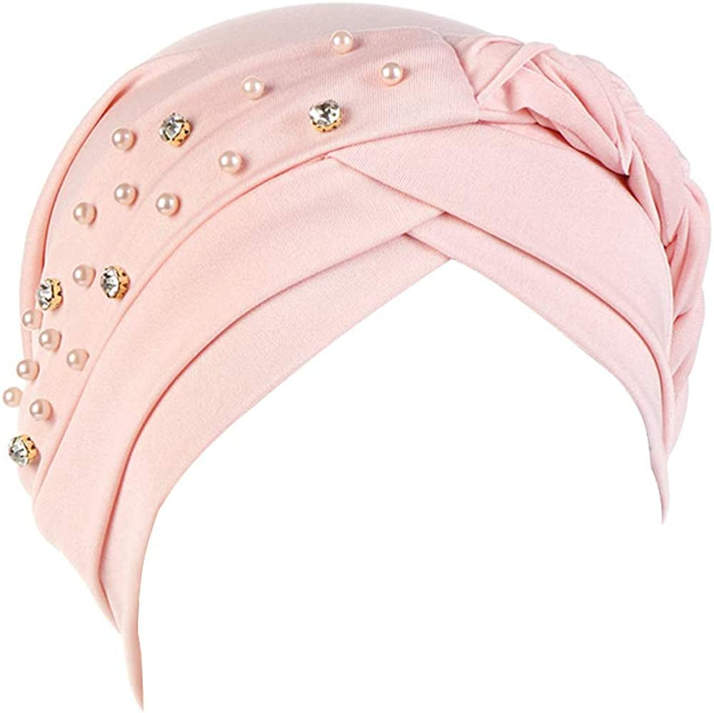 Beauty YFJH Women Hijab Beading Pre-Tied Twisted Braid Turban Hat Head Scarf Cancer Chemo Beanies Headwear Headwrap Cap Apparel & Accessories > Clothing Accessories > Headwear beauty YFJH Shell Pink  