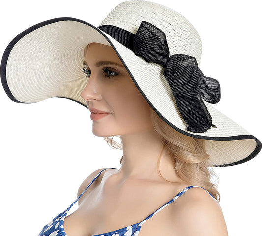 Muryobao Womens Sun Straw Hat Wide Brim UV UPF 50 Summer Hat Foldable Roll up Floppy Beach Cap for Women Apparel & Accessories > Clothing Accessories > Hats Muryobao B-white  