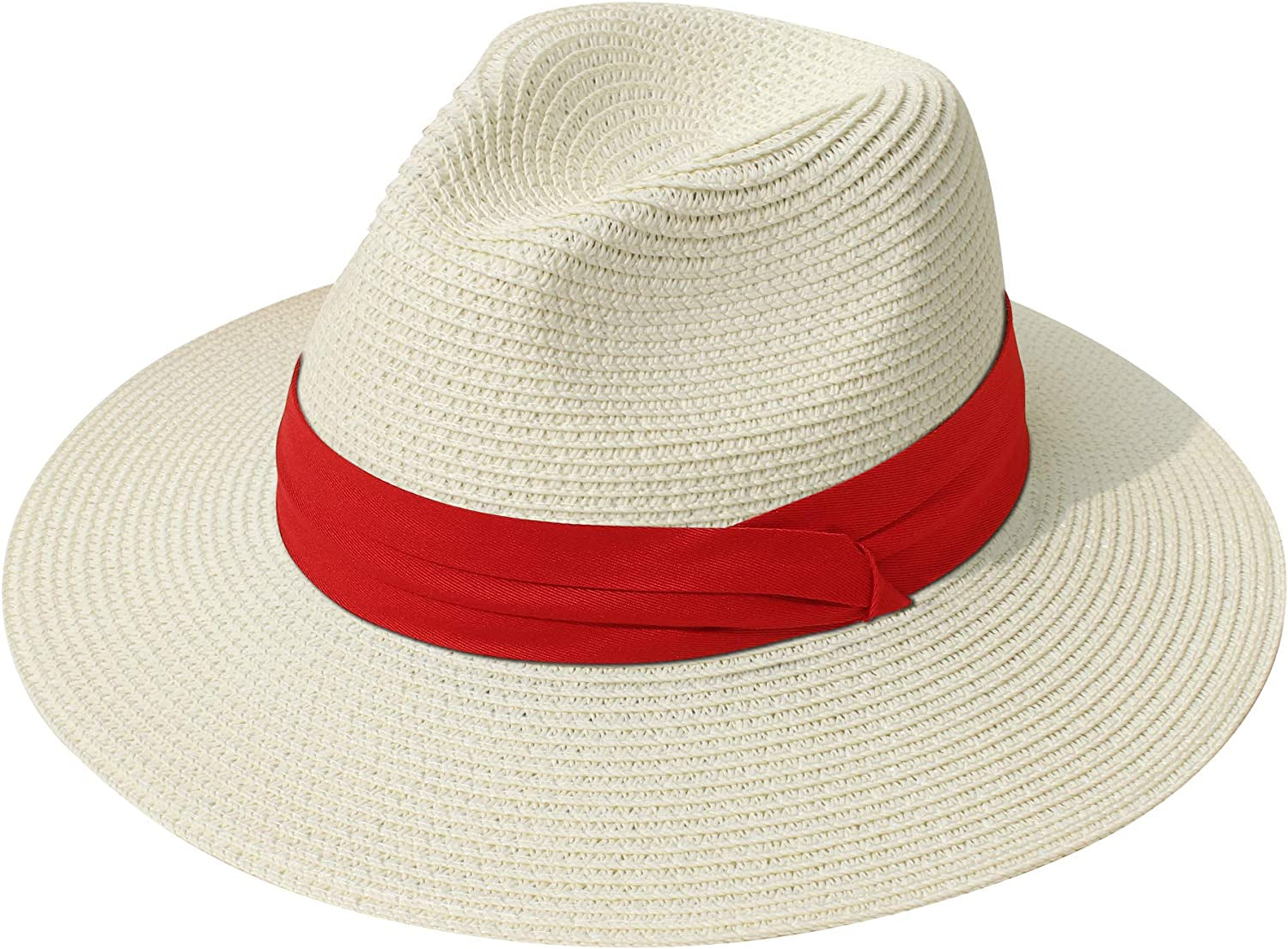 Lanzom Women Wide Brim Straw Panama Roll up Hat Belt Buckle Fedora Beach Sun Hat UPF50+ Apparel & Accessories > Clothing Accessories > Hats Lanzom Z-red Ribbon Beige One Size 