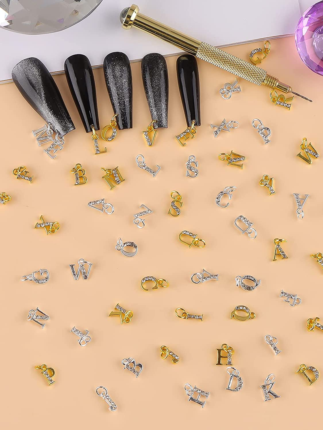 Kalolary Letter Dangle Nail Charm, 3D Piercing Alphabet Rhinestone Alloy Jewelry Hoops with Nail Piercing Tool Hand Drill for Birthday Nail Art Decoration Health & Beauty > Personal Care > Cosmetics > Cosmetic Tools > Nail Tools Kalolary   