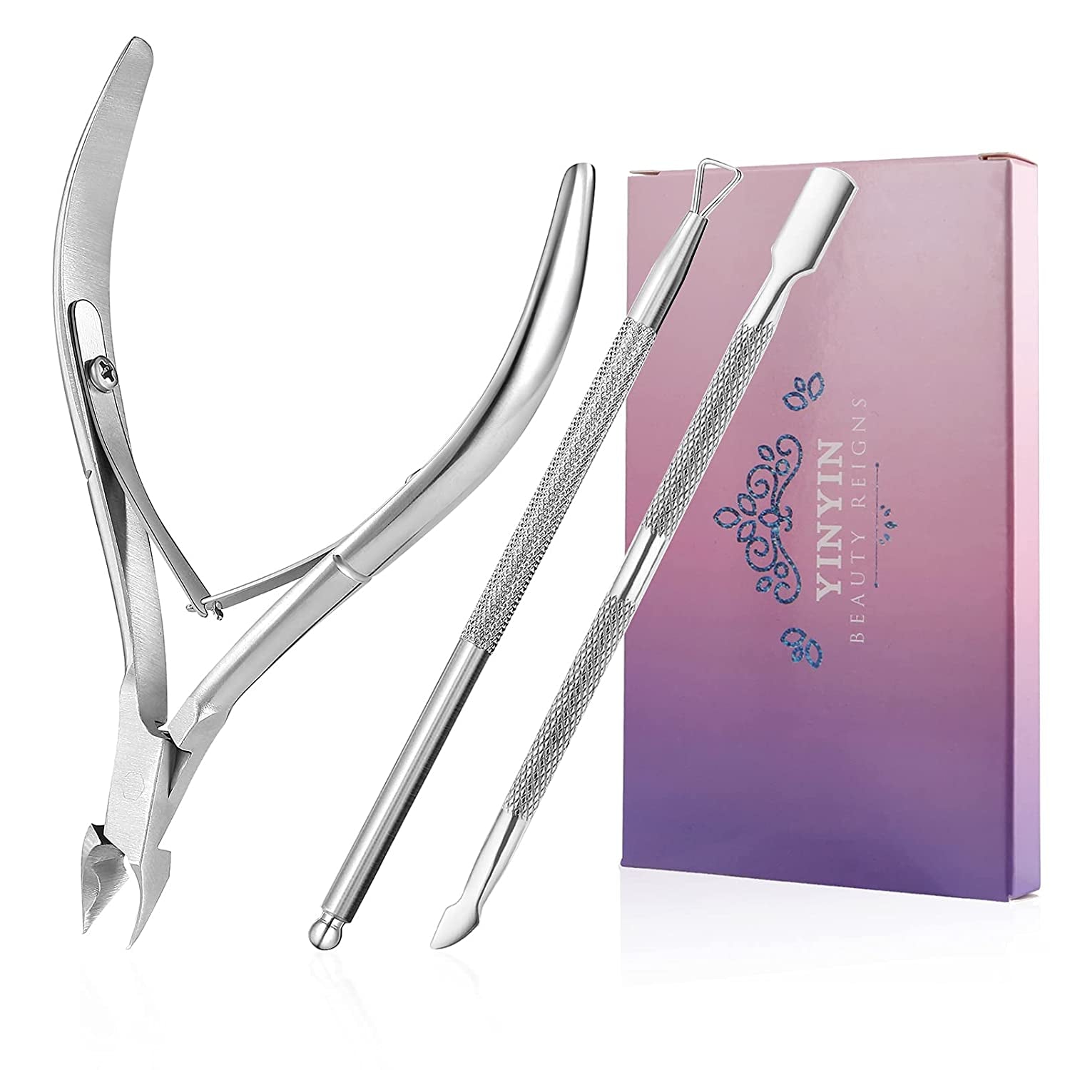 Cuticle Trimmer with Cuticle Pusher -YINYIN Cuticle Remover Cuticle Nippers Professional Stainless Steel Cuticle Pusher and Cutter Clippers Durable Pedicure Manicure Tools for Fingernails and Toenails Health & Beauty > Personal Care > Cosmetics > Cosmetic Tools > Nail Tools YINYIN Silver  