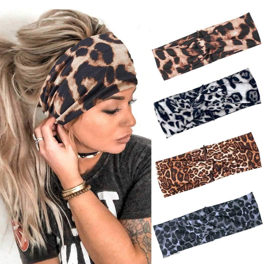 Gortin Boho Headbands Criss Cross Hair Bands Stretch Yoga Sweatband Turban Tie Dye Wide Head Wraps Twist Head Bands for Women and Girls4 Pcs (A-Tie Dye) Apparel & Accessories > Clothing Accessories > Bandanas & Headties GORTIN C-Leopard  