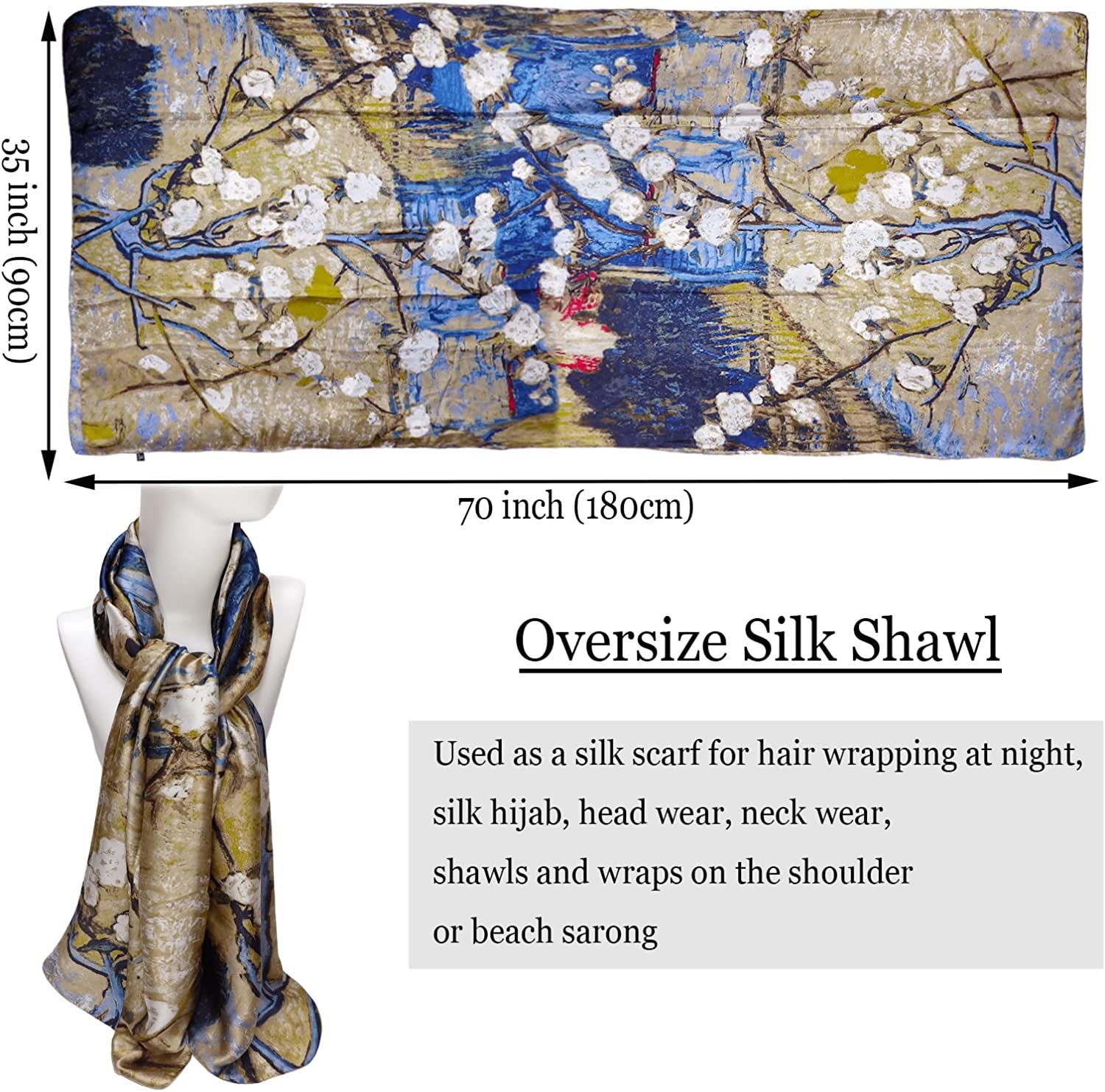 Silk Scarf for Women Fashion Long Satin Lightweight Large Shawl Wrap Printed Sleep 70''X35'' Apparel & Accessories > Clothing Accessories > Scarves & Shawls KYLIE MAX   