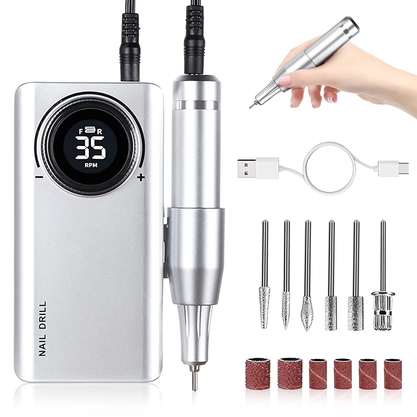 Professional Electric Nail Drill Machine, Portable Rechargeable 35000RPM Nail Drill for Acrylic Gel Nails, Manicure Pedicure Polishing Shape Tools for Home and Salon Use Health & Beauty > Personal Care > Cosmetics > Cosmetic Tools > Nail Tools Caattiilaa A-Silver  