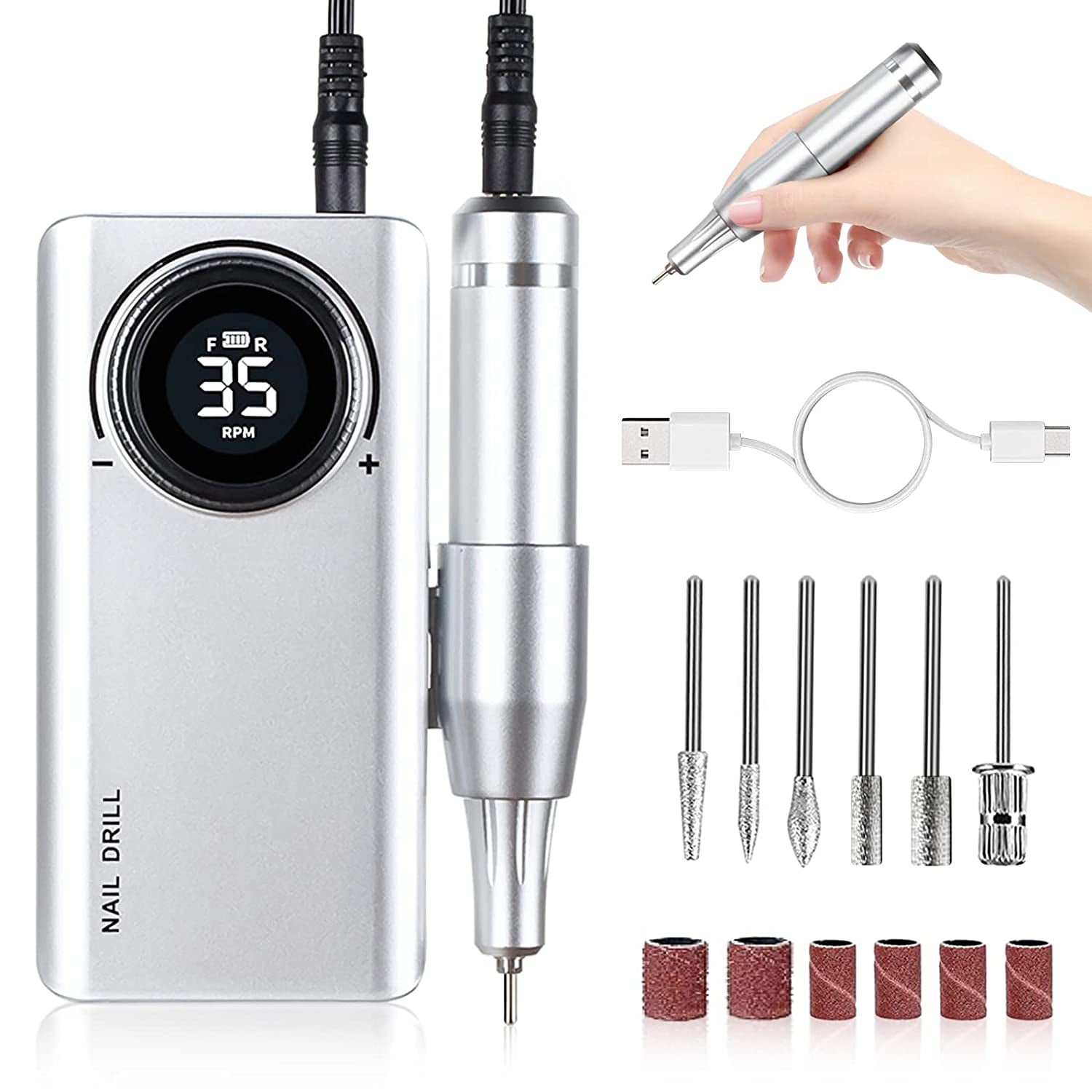 Professional Electric Nail Drill Machine, Portable Rechargeable 35000RPM Nail Drill for Acrylic Gel Nails, Manicure Pedicure Polishing Shape Tools for Home and Salon Use Health & Beauty > Personal Care > Cosmetics > Cosmetic Tools > Nail Tools Caattiilaa A-Silver  