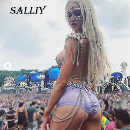 Salliy Boho Rhinestone Bikini Chain Set Silver Sexy Sequins Mesh Body Chains Summer Bra Body Jewelry for Women and Girls (Jacket) Apparel & Accessories > Jewelry > Body Jewelry Salliy   