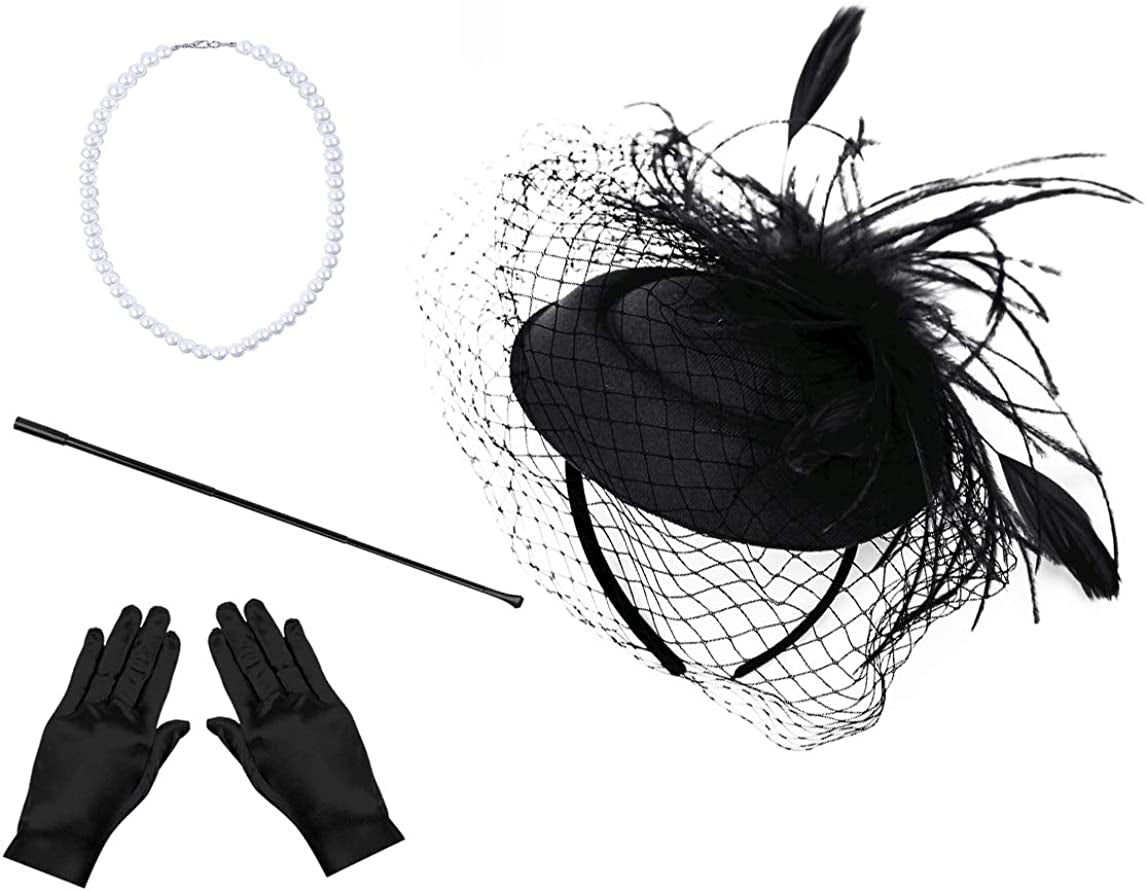 Fascinators Hats 20S 50S Hat Pillbox Hat Cocktail Tea Party Headwear with Veil for Girls and Women Apparel & Accessories > Clothing Accessories > Headwear Cizoe 1-b1-black Set  