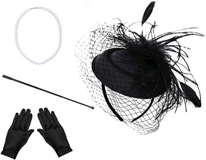 Fascinators Hats 20S 50S Hat Pillbox Hat Cocktail Tea Party Headwear with Veil for Girls and Women Apparel & Accessories > Clothing Accessories > Headwear Cizoe 1-b1-black Set  