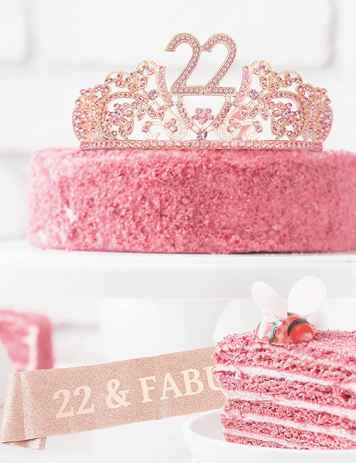 Verymerrymakering 22Th Birthday Sash and Tiara for Girls - Fabulous Set: Glitter Sash + Flowers Rhinestone Pink Premium Metal Tiara for Girls, 22Th Birthday Gifts for 22Th Birthday Party Apparel & Accessories > Clothing Accessories > Sashes VeryMerryMakering   