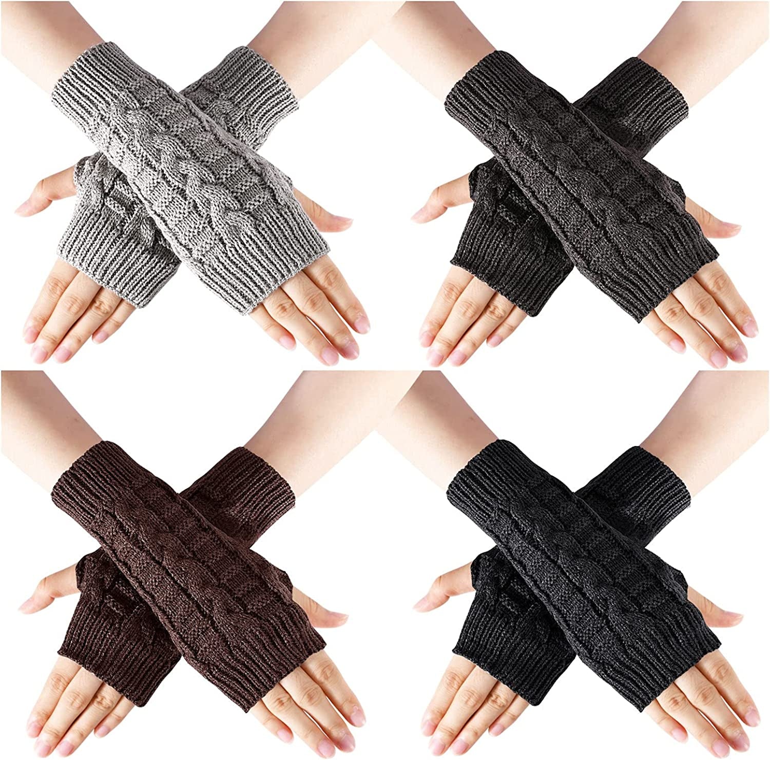 SOCKFUN Knit Fingerless Gloves for Women Hand Warmer Gloves, Thumbhole Warm Winter Fingerless Mittens for Women 4 Pairs Apparel & Accessories > Clothing Accessories > Gloves & Mittens sockfun Cable Black Grey Brown 4pack  