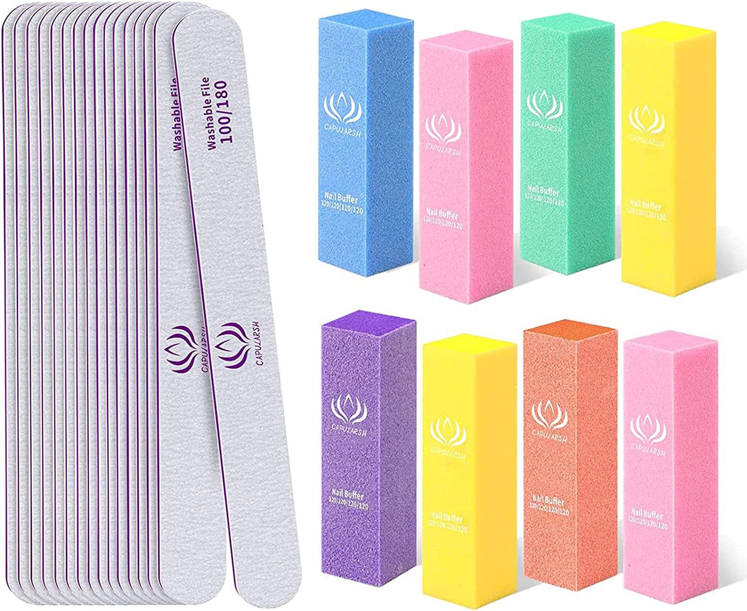 Nail Files and Buffers - Capularsh 16Pack Professional Manicure Tools Kit, 10Pcs 100/180 Grit Double Sided Nail Files for Acrylic Dip Nails, 6Pcs Four Sided 120 Grit Nail Buffer Block for Home Salon Health & Beauty > Personal Care > Cosmetics > Cosmetic Tools > Nail Tools Capularsh 10pcs 100 180 Grit & 8pcs Buffer  