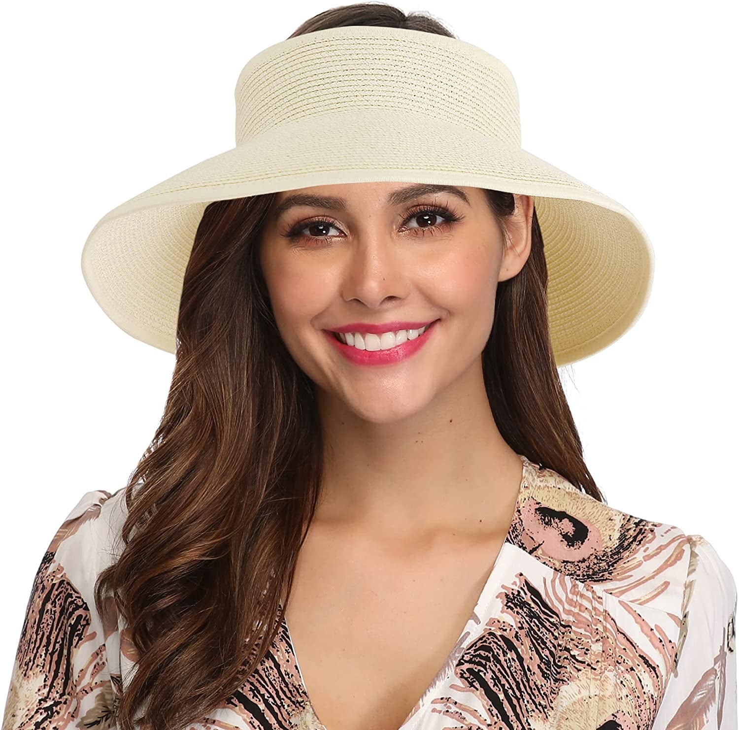 Lanzom Women Packable Hat Sun Visor Hats Wide Brim Straw Roll up Ponytail Summer Beach Hat UPF 50 Apparel & Accessories > Clothing Accessories > Hats Lanzom Ivory White One Size 