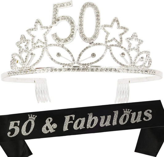 MEANT2TOBE 50Th Birthday Sash and Tiara for Women - Fabulous Glitter Sash + Stars Rhinestone Silver Premium Metal Tiara for Her, 50Th Birthday Gifts for 50 Party Apparel & Accessories > Clothing Accessories > Sashes MEANT2TOBE Silver  