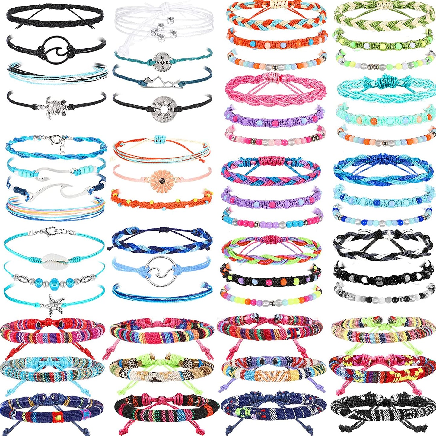 Henoyso 57 Pieces Surfer Strand Wave Bracelet Braided Stretch Friendship Woven Rope Bracelets Adjustable Waterproof Handmade Wax Wrap Bracelet Anklet for Girls Women Apparel & Accessories > Jewelry > Bracelets Henoyso Summer Style  