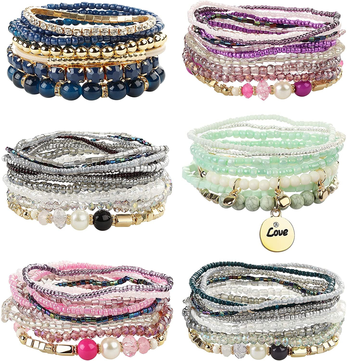 FIBO STEEL 6 Sets Bohemian Stackable Bead Bracelets for Women Stretch Multilayered Bracelet Set Multicolor Jewelry Apparel & Accessories > Jewelry > Bracelets FIBO STEEL A: 6 Sets  