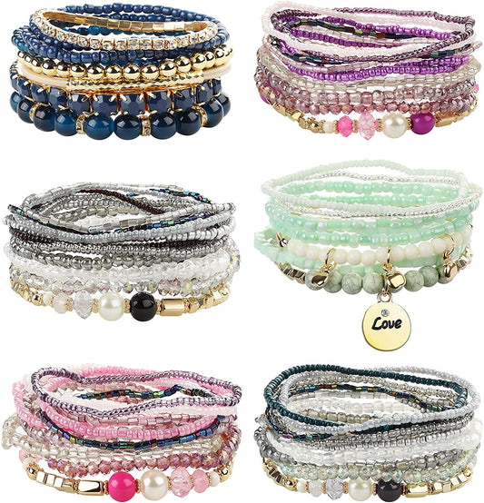 FIBO STEEL 6 Sets Bohemian Stackable Bead Bracelets for Women Stretch Multilayered Bracelet Set Multicolor Jewelry Apparel & Accessories > Jewelry > Bracelets FIBO STEEL A: 6 Sets  