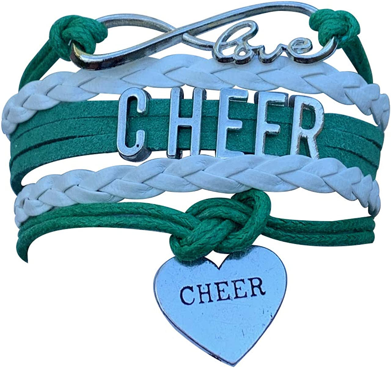 Cheer Charm Bracelet- Girls Infinity Love Adjustable Cheerleading Jewelry in Team Colors for Cheerleaders Apparel & Accessories > Jewelry > Bracelets Sportybella Green/White  