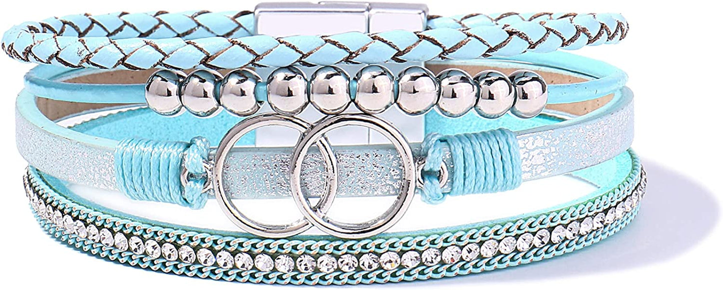 FANCY SHINY Boho Wrap Bracelets Leather Cuff Bangle Gold Beaded Bracelets for Women Stackable Infinity Bracelets Jewelry with Clasp Apparel & Accessories > Jewelry > Bracelets FANCY SHINY Teal  