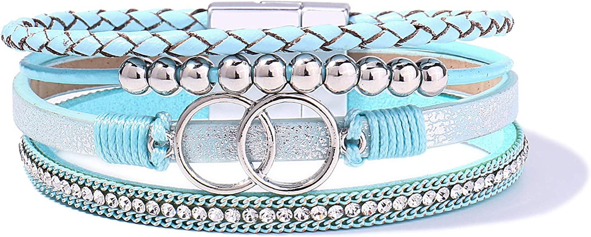 FANCY SHINY Boho Wrap Bracelets Leather Cuff Bangle Gold Beaded Bracelets for Women Stackable Infinity Bracelets Jewelry with Clasp Apparel & Accessories > Jewelry > Bracelets FANCY SHINY Teal  