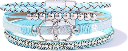 FANCY SHINY Boho Wrap Bracelets Leather Cuff Bangle Gold Beaded Bracelets for Women Stackable Infinity Bracelets Jewelry with Clasp Apparel & Accessories > Jewelry > Bracelets FANCY SHINY Teal  