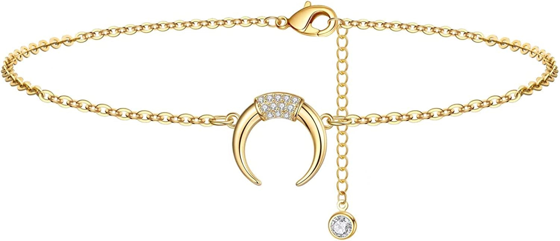 Dainty Ankle Bracelets for Women Girls, 14K Gold Filled Handmade Anklet Tiny Lock Key Star Lightning Crescent Elephant Evil Eye Ankle Bracelets for Women Girls Summer Boho Beach Foot Jewelry Apparel & Accessories > Jewelry > Anklets Yoosteel Crescent  