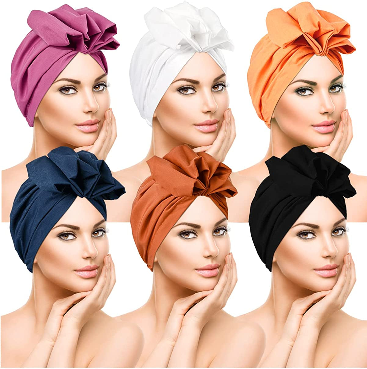 Women Turbans and Head Wraps,Skull-Caps,African Turban Flower Knot Pre-Tied Bonnet Beanie Cap for Women Apparel & Accessories > Clothing Accessories > Headwear DANMY Black/Blue/White/Orange/Rose-pink/Rust-red -6pcs Large 