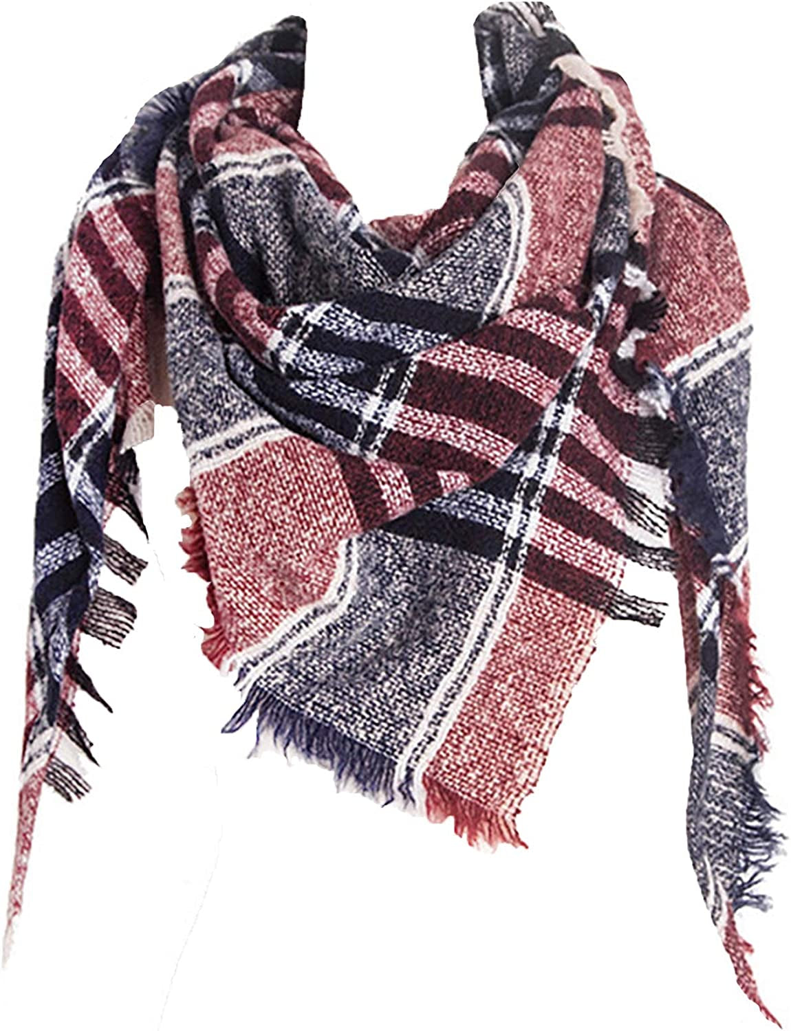Wander Agio Womens Warm Scarf Triangle Shawls Winter Scarves Stripe Plaid Fichu Rough Surface Apparel & Accessories > Clothing Accessories > Scarves & Shawls Wander Agio Plaid Wine Red 15  